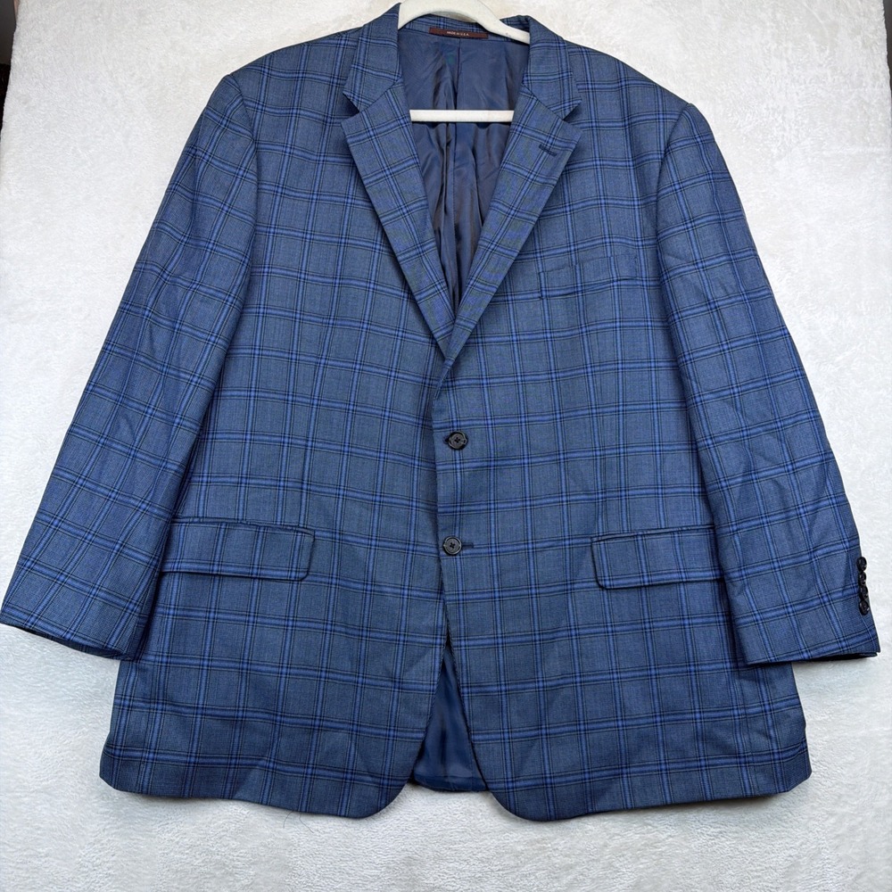 Hickey Freeman Lindsey Mens 48R Blue Windowpane Wool Blazer Sport Coat USA Made